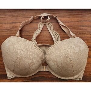 Cacique Boost Plunge Lace Racerback Front Close Bra Beige 42DDD Underwire